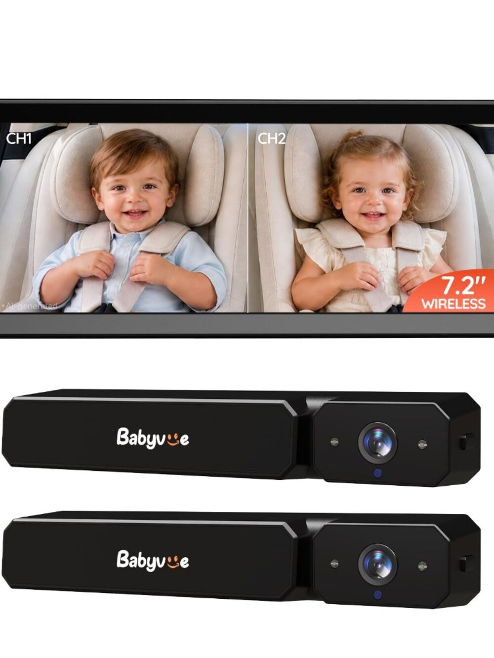 NEW Babyvue BV6Plus 7.2 Wireless Dual Baby Car Camera Anti-Glare Split Screen 2